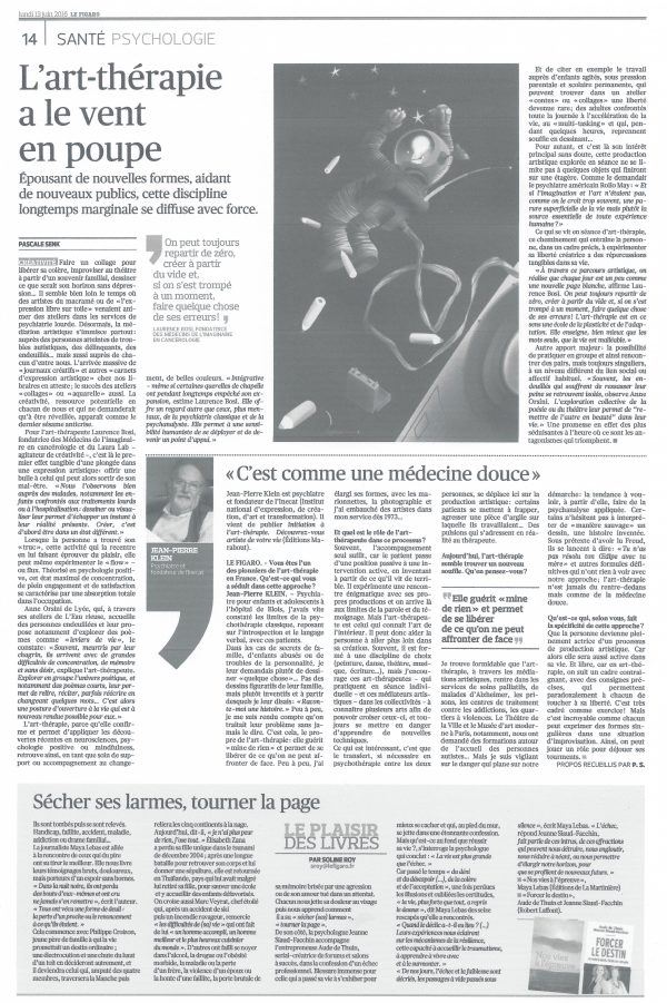 Coupure de presse d'un article sur l'art-thérapie paru dans le Figaro du 13 juin 2016